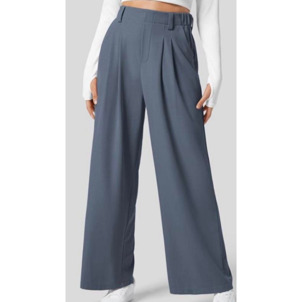 NWT wide leg high rise Spring blue Athleisure waffle tailored work pants Halara.